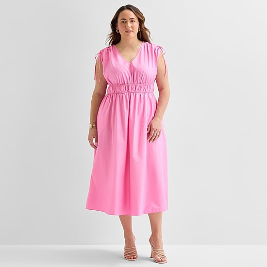 Melonie T Womens Plus Midi V Neck Sleeveless Fit + Flare Dress