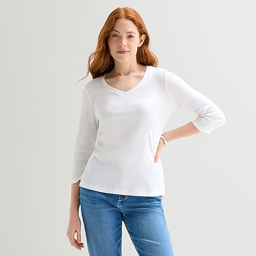 St. John's Bay Womens Tall Crew Neck 3/4 Sleeve T-shirt In White
