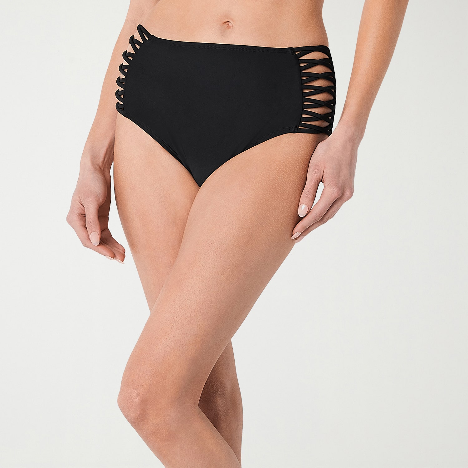 Decree Womens Solid Black Strappy Swimsuit Bottom Juniors