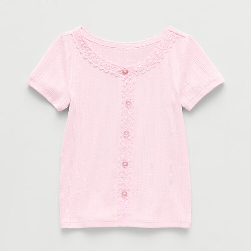 Okie Dokie Toddler & Little Girls Short Sleeve Regular Fit Lace Trim Shirt, 12 Months, Pink