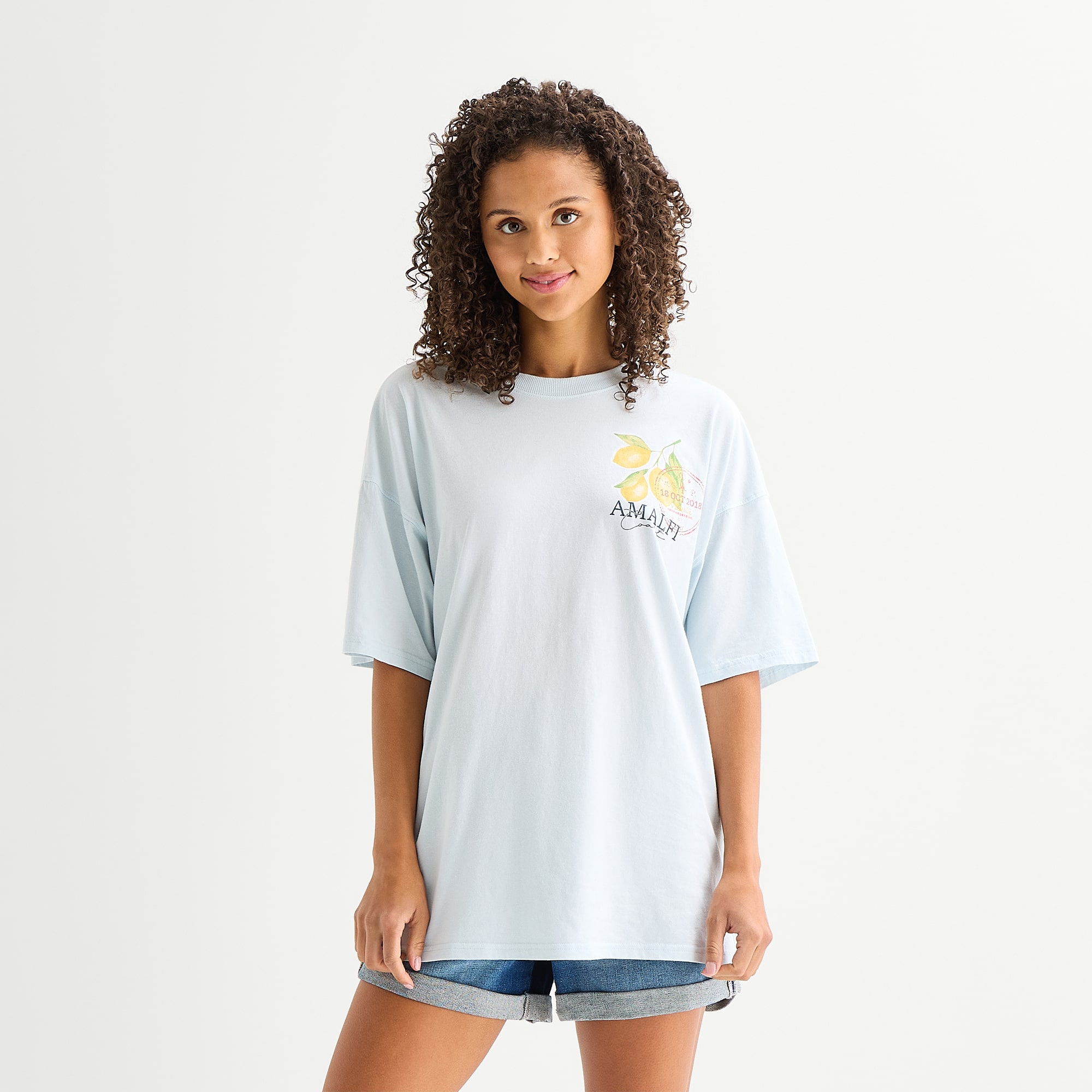 Arizona Womens Juniors Crew Neck Short Sleeve Oversized Graphic T-Shirt