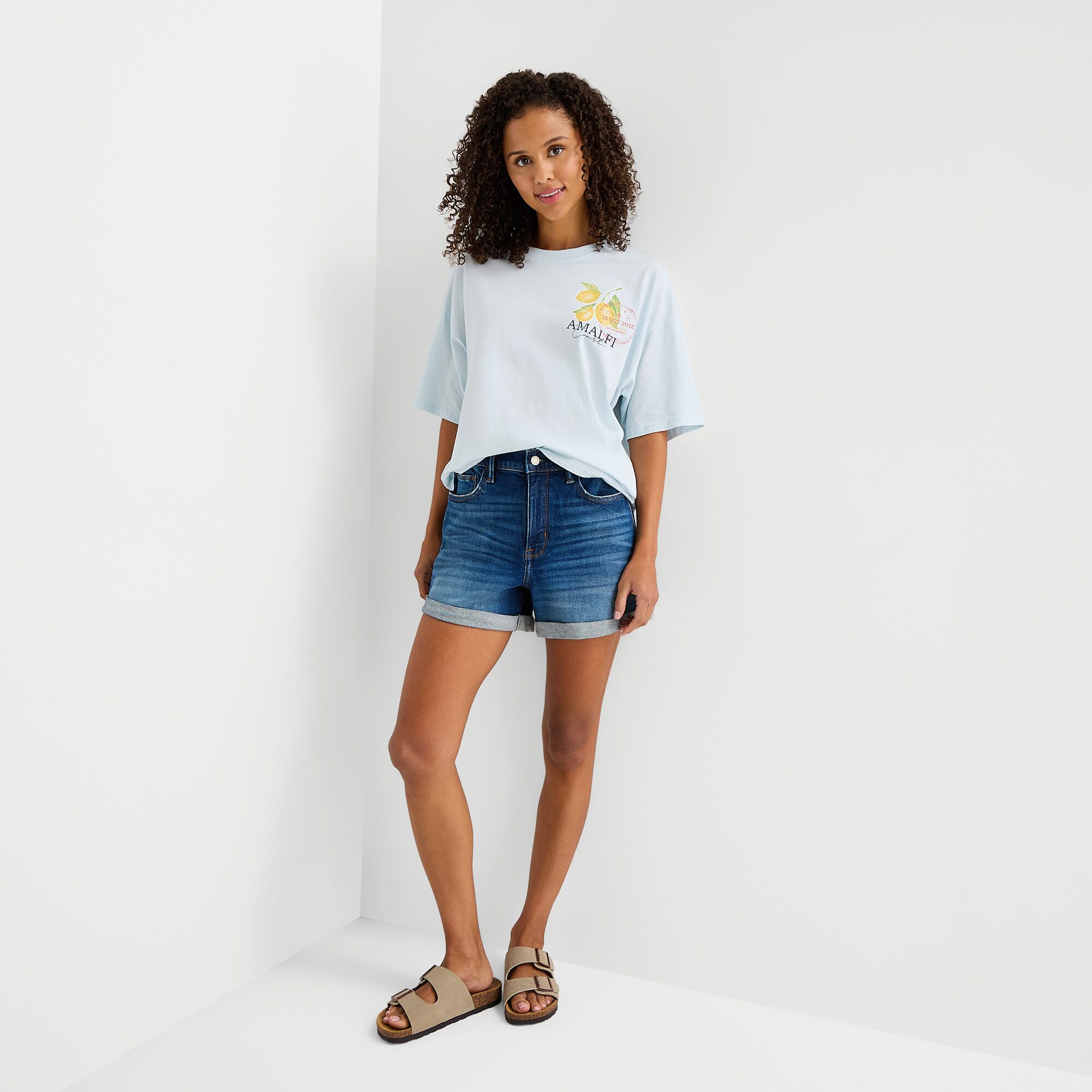 Arizona Womens Juniors Crew Neck Short Sleeve Oversized Graphic T-Shirt