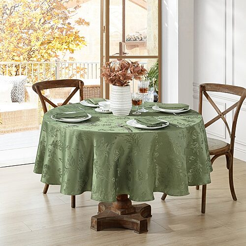 Elrene Elegant Woven Leaves Jacquard Damask Tablecloth, 70" Round - Olive