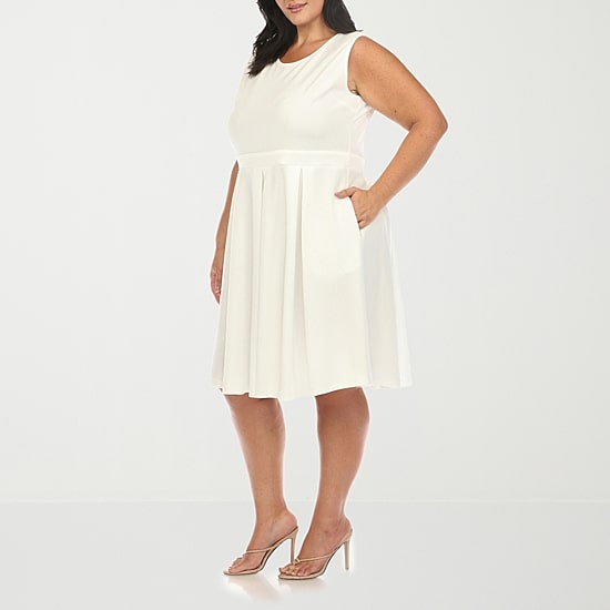 White Mark Womens Plus Round Neck Sleeveless Fit + Flare Dress