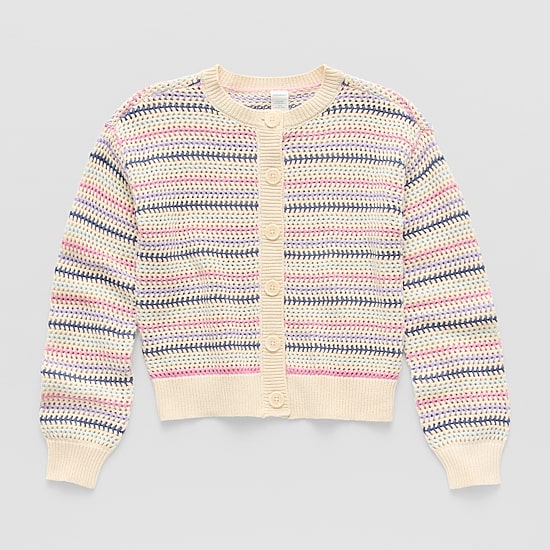 Thereabouts Little & Big Kid Girls Round Neck Long Sleeve Button Striped Cardigan