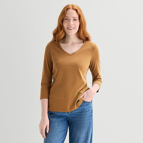 St. John's Bay Womens V Neck 3/4 Sleeve T-shirt In Brown