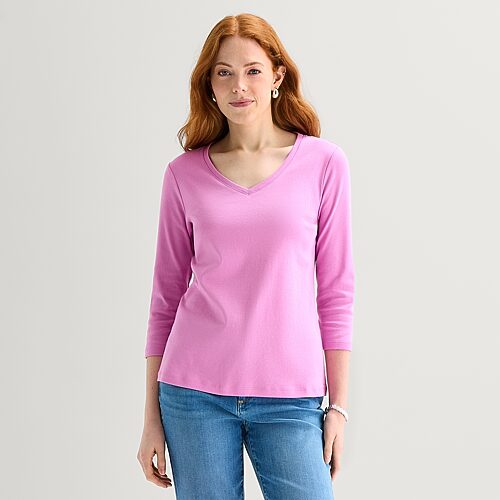 St. John's Bay Womens V Neck 3/4 Sleeve T-shirt In Pink