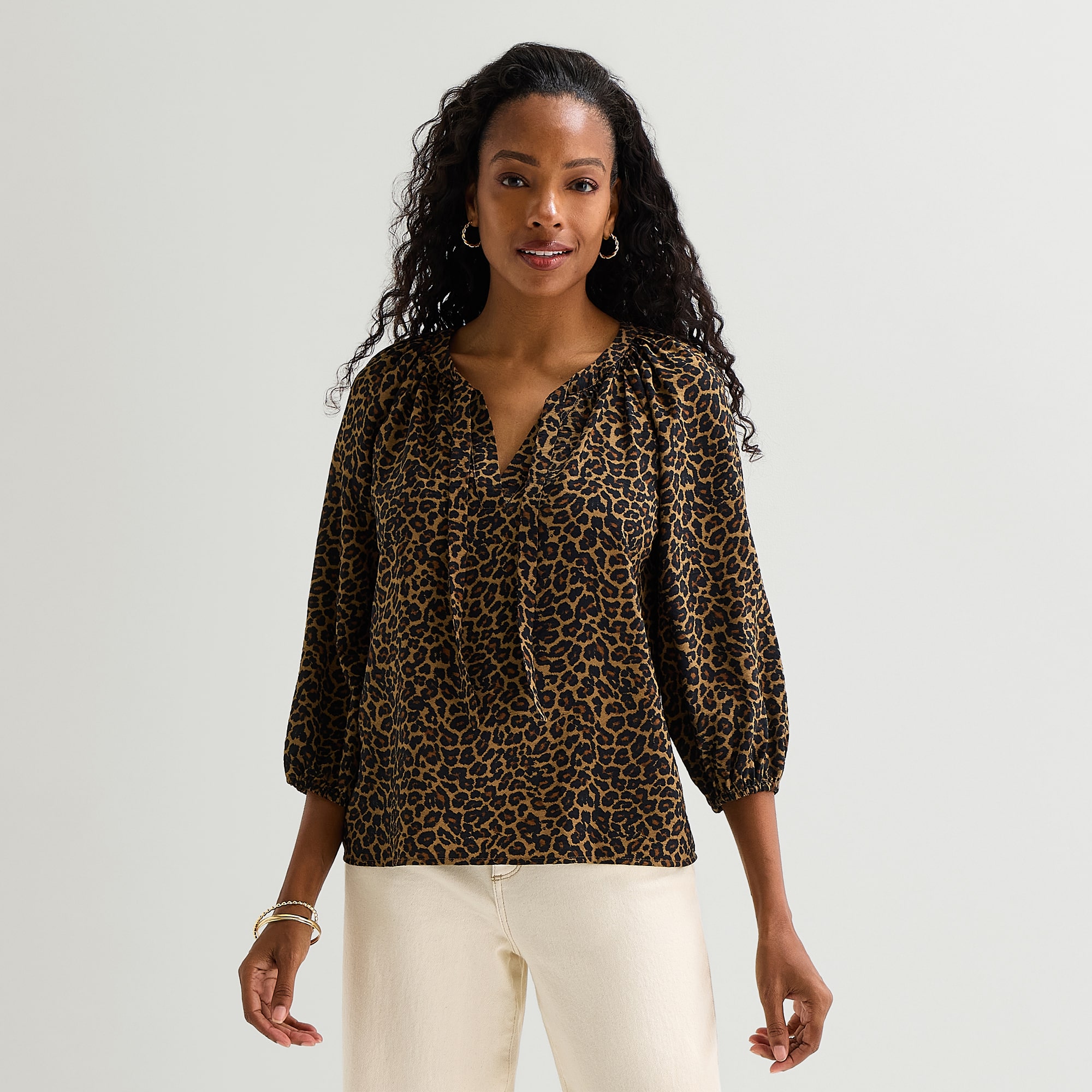 St. John's Bay Womens Split Tie Neck 3/4 Sleeve Blouse