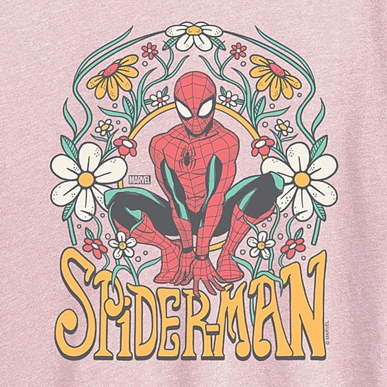 Spiderman Florals Womens Crew Neck Short Sleeve Classic Fit Spiderman Graphic T-Shirt