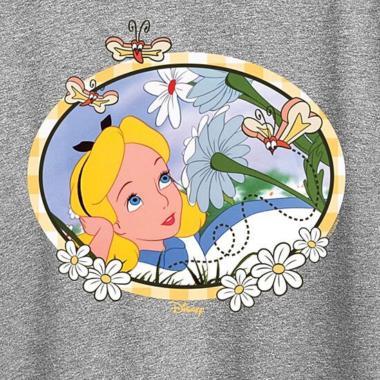 Alice Daisies Womens Crew Neck Short Sleeve Classic Fit Alice in Wonderland Graphic T-Shirt