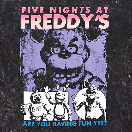Womens Juniors Crew Neck Elbow Sleeve Oversized Five Nights at Freddys Graphic T-Shirt