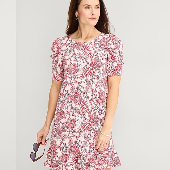 MSK Womens Round Neck Short Sleeve Puffed Paisley Fit + Flare Dress