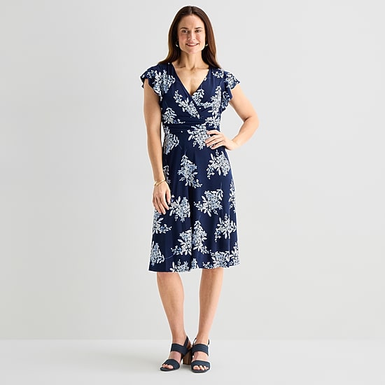 Jessica Howard Womens V Neck Short Sleeve Floral Fit + Flare Dress
