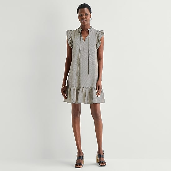 52seven Womens Split Tie Neck Sleeveless Striped Shift Dress