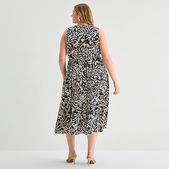 Isabel & Nina Womens Plus Midi V Neck Sleeveless Leaf Fit + Flare Dress
