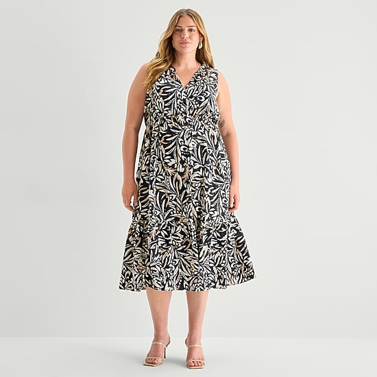 Isabel & Nina Womens Plus Midi V Neck Sleeveless Leaf Fit + Flare Dress