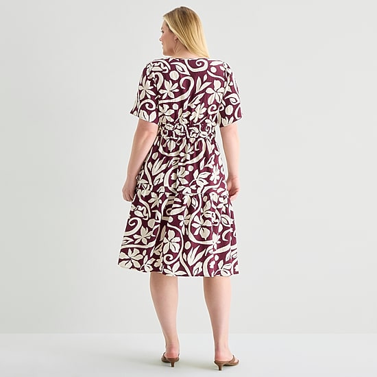 Isabel & Nina Womens Plus Midi Notch Neck Short Sleeve Flutter Abstract Fit + Flare Dress