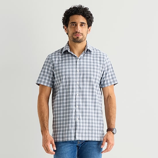 Stafford Cool Tech Mens Short Sleeve Regular Fit Stretch Fabric Wrinkle Free Button-Down Shirt