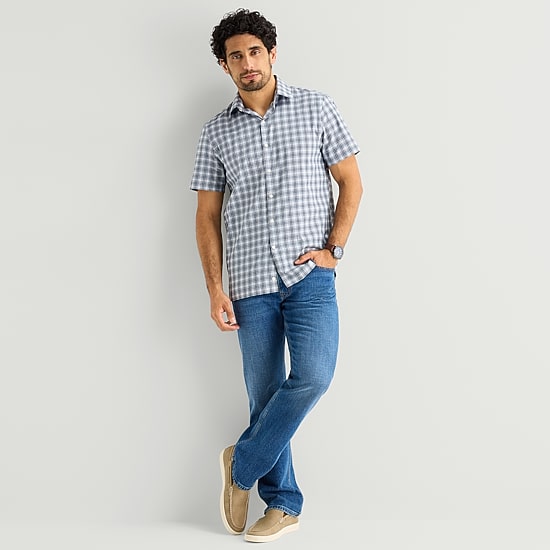 Stafford Cool Tech Mens Short Sleeve Regular Fit Stretch Fabric Wrinkle Free Button-Down Shirt
