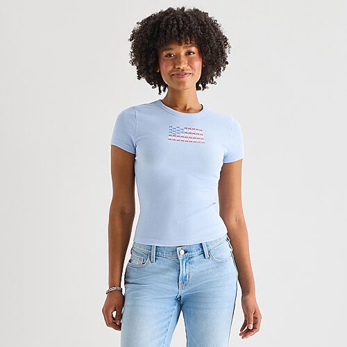 Arizona Womens Juniors Crew Neck Short Sleeve Regular Fit Graphic T-Shirt, Medium, Blue