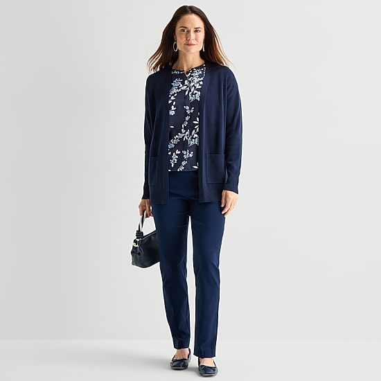 Liz Claiborne Womens Boat Neck Long Sleeve Open Front Cardigan