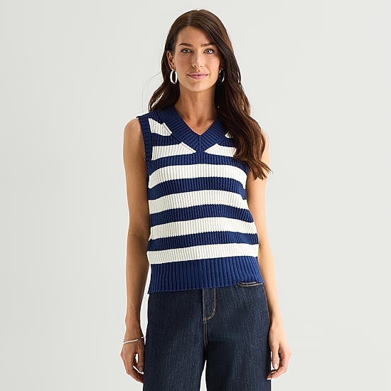 St. John's Bay Womens V Neck Striped Cable Knit Sweater Vest