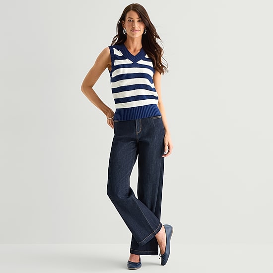 St. John's Bay Womens V Neck Striped Cable Knit Sweater Vest