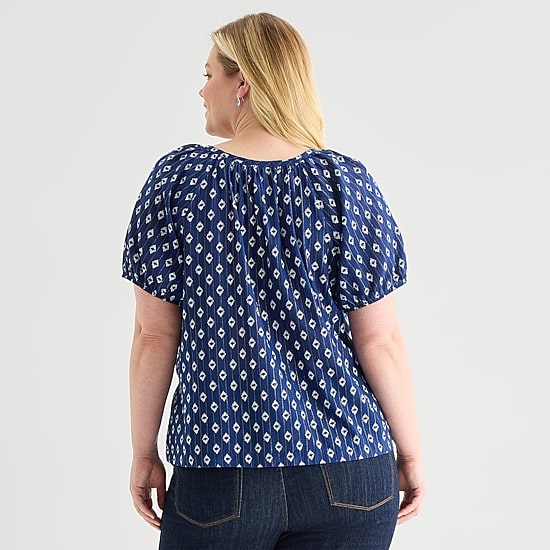St. John's Bay Womens Plus Round Neck Short Sleeve Regular Fit Button-Down Shirt