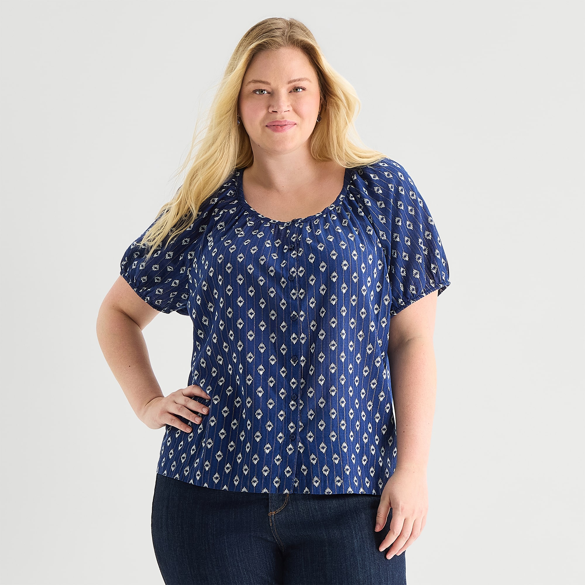 St. John's Bay Womens Plus Round Neck Short Sleeve Regular Fit Button-Down Shirt