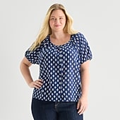 St. John's Bay Womens Plus Round Neck Short Sleeve Regular Fit Button-Down Shirt
