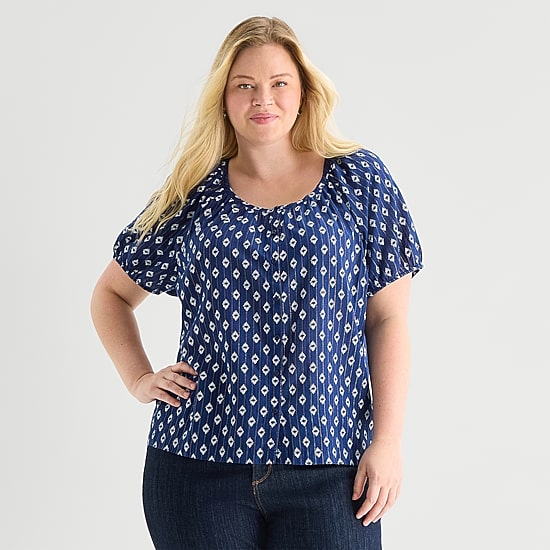 St. John's Bay Womens Plus Round Neck Short Sleeve Regular Fit Button-Down Shirt