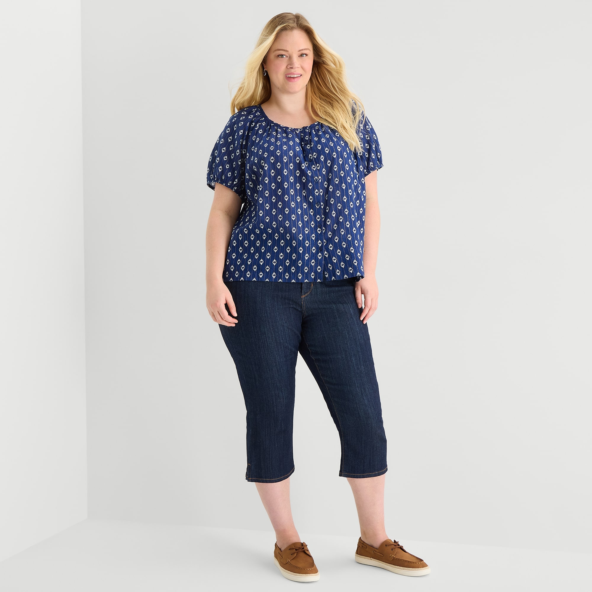 St. John's Bay Womens Plus Round Neck Short Sleeve Regular Fit Button-Down Shirt