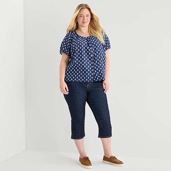 St. John's Bay Womens Plus Round Neck Short Sleeve Regular Fit Button-Down Shirt