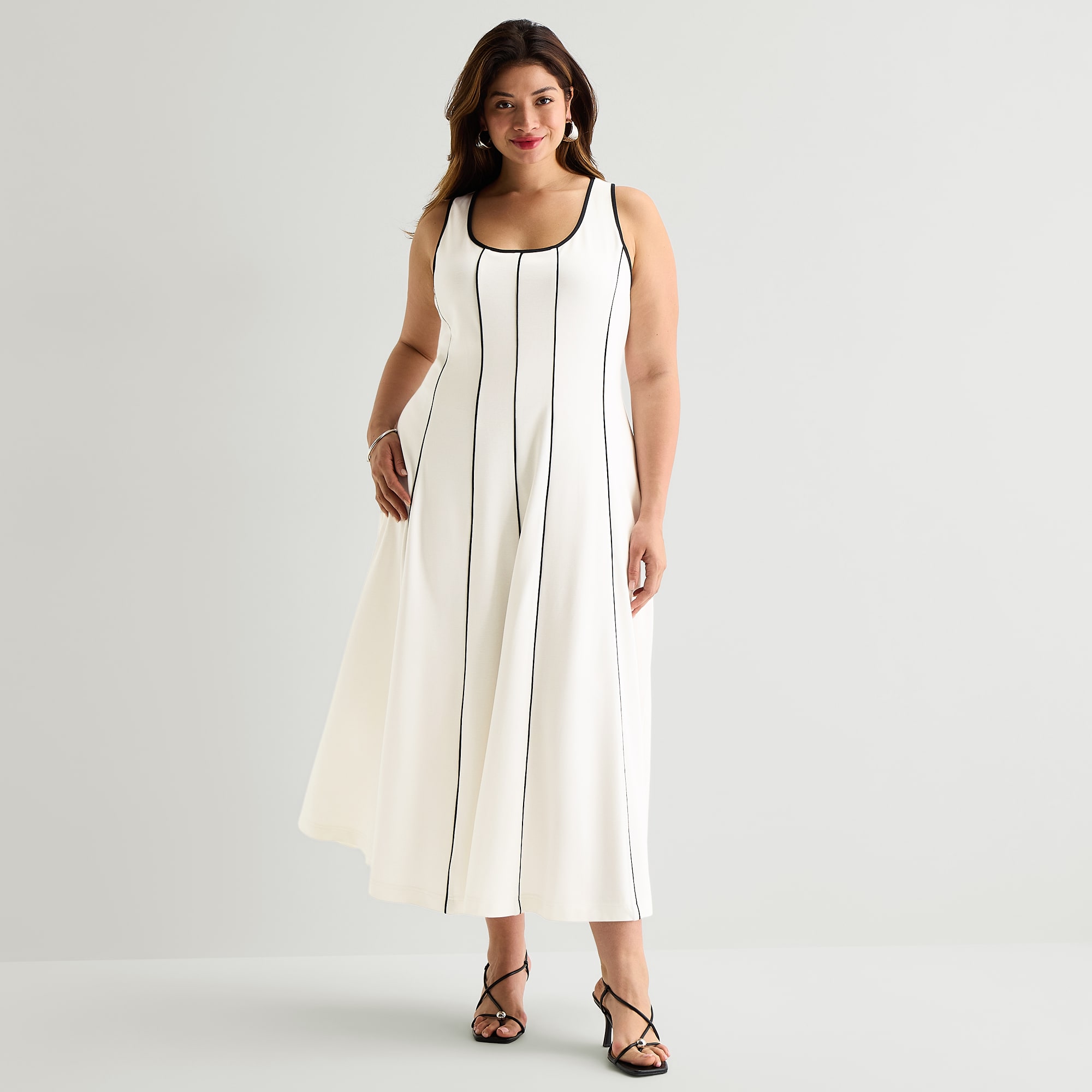 Worthington Womens Plus Midi Square Neck Sleeveless Fit + Flare Dress
