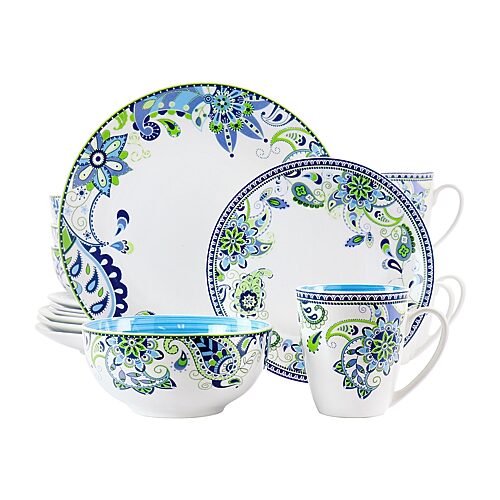 ELM-BLUEFIESTA16 Round Porcelain Dinnerware Set, Blue Fiesta - 16 Piece