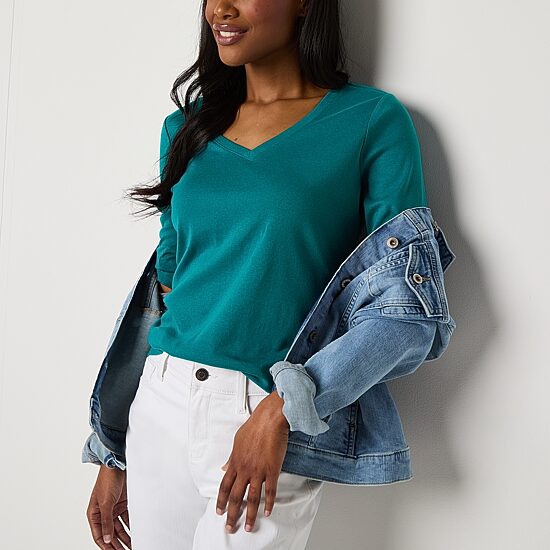 St. John's Bay Womens V Neck 3/4 Sleeve T-Shirt