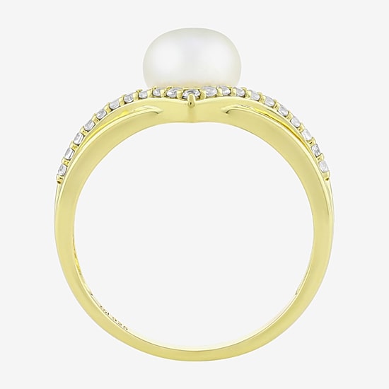 Womens 7MM White Cultured Freshwater Pearl 14K Gold Over Silver Round Cocktail Ring