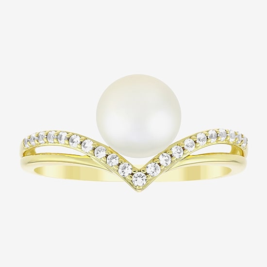 Womens 7MM White Cultured Freshwater Pearl 14K Gold Over Silver Round Cocktail Ring