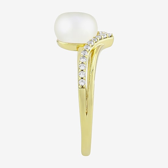 Womens 7MM White Cultured Freshwater Pearl 14K Gold Over Silver Round Cocktail Ring