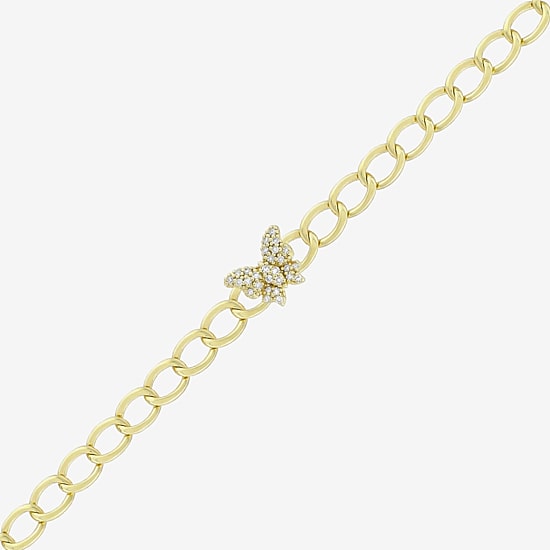 (H-I / Si1) Womens 14K Gold Over Silver 7.25 Inch Solid Link Butterfly Chain Bracelet