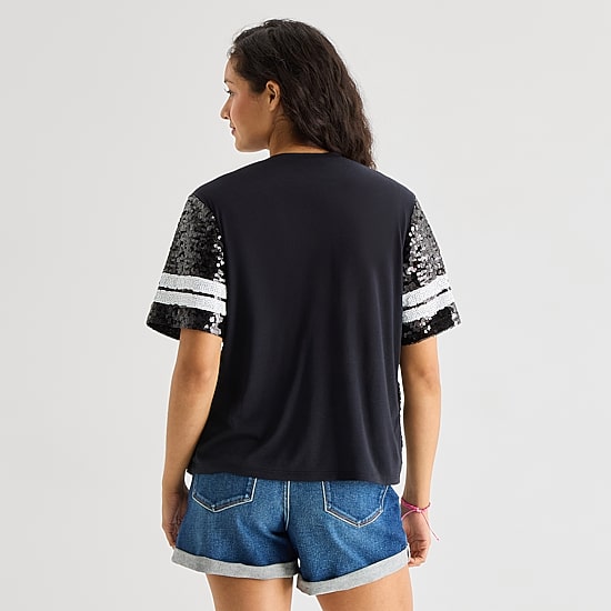 Sequin Top Womens Juniors Crew Neck Short Sleeve Regular Fit Graphic T-Shirt
