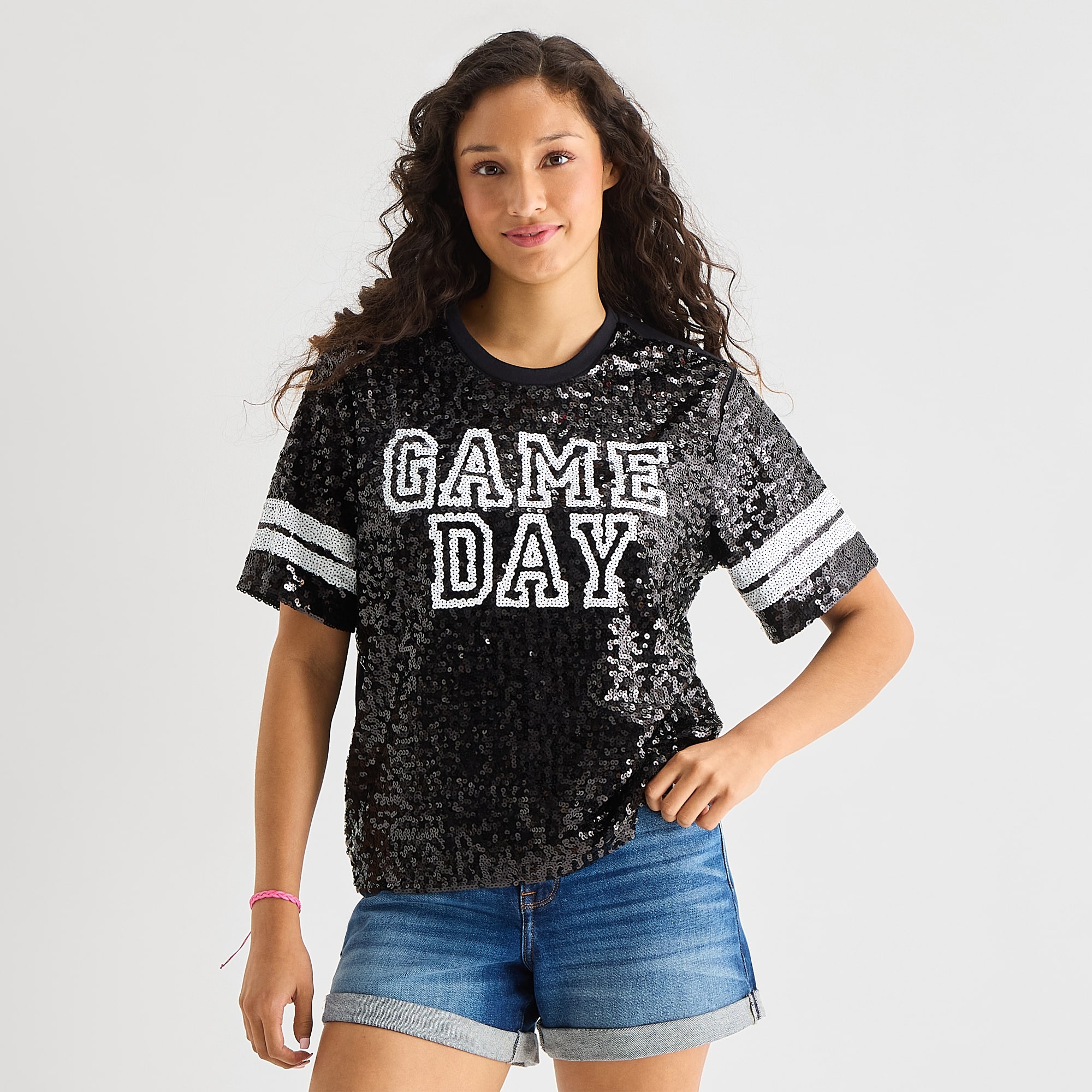 Sequin Top Womens Juniors Crew Neck Short Sleeve Regular Fit Graphic T-Shirt