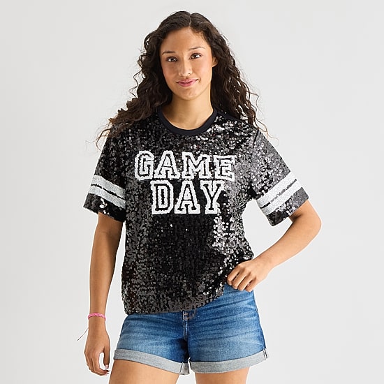 Sequin Top Womens Juniors Crew Neck Short Sleeve Regular Fit Graphic T-Shirt