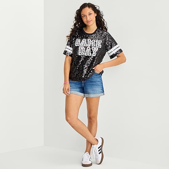 Sequin Top Womens Juniors Crew Neck Short Sleeve Regular Fit Graphic T-Shirt