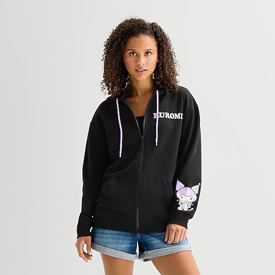 Womens Juniors Long Sleeve Kuromi Fleece Zipper Hoodie, Color