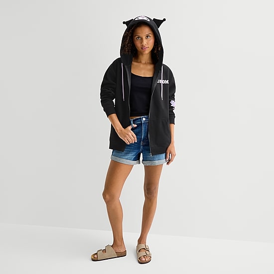 Womens Juniors Long Sleeve Kuromi Fleece Zipper Hoodie