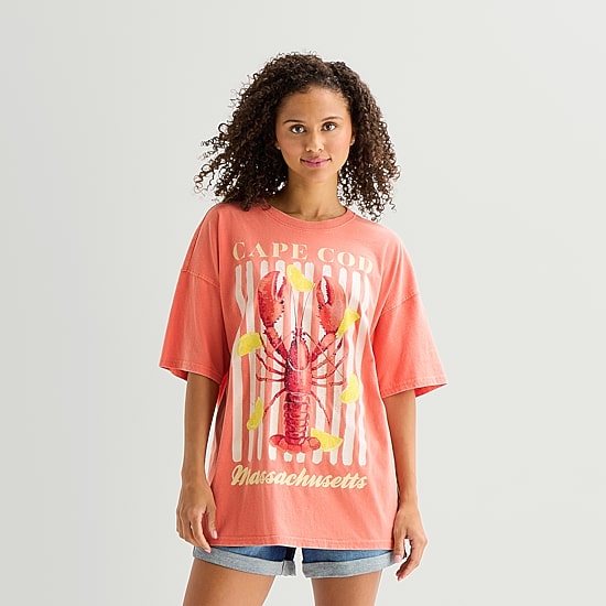 Arizona Womens Juniors Crew Neck Short Sleeve Oversized Graphic T-Shirt