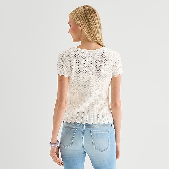 Arizona Womens Juniors Scoop Neck Short Sleeve Button Cardigan