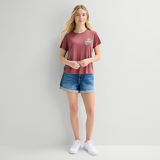 Arizona Womens Juniors Crew Neck Short Sleeve Regular Fit Graphic T-Shirt
