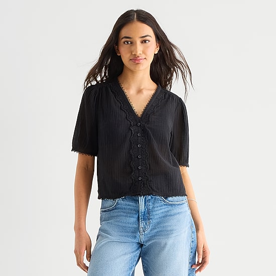a.n.a Womens V Neck Short Sleeve Lace Blouse